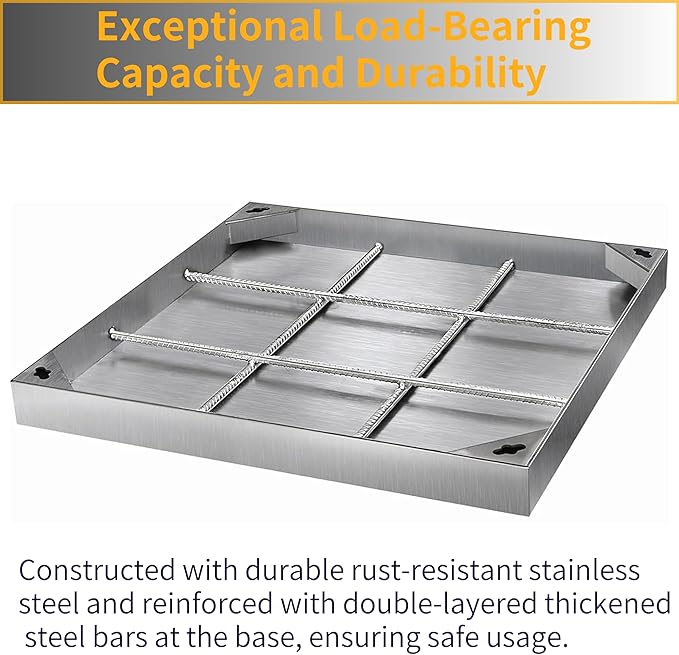 MYOYAY Stainless Steel Manhole Cover and Frame with 2 Lifting Hook, 24x24 inch Recessed Square Septic Tank Lid with Base, Invisible Sewage Basin Inspection Cover for Driveway Yard Pavement