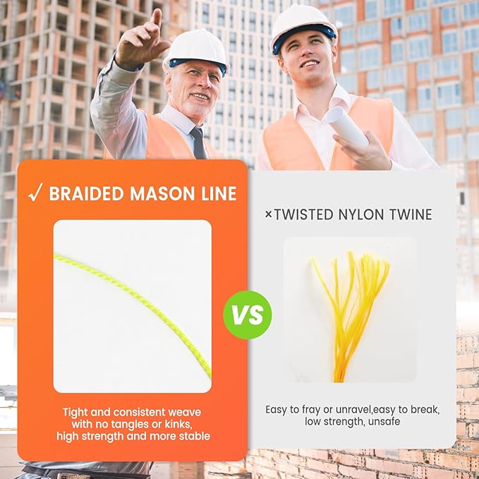 MERIANE 250FT Mason Line w/Reloadable Line Reel, 18# Braided Twine String for Masonry Job, Level Lines in Construction, Gardening, Fluorescent Yellow