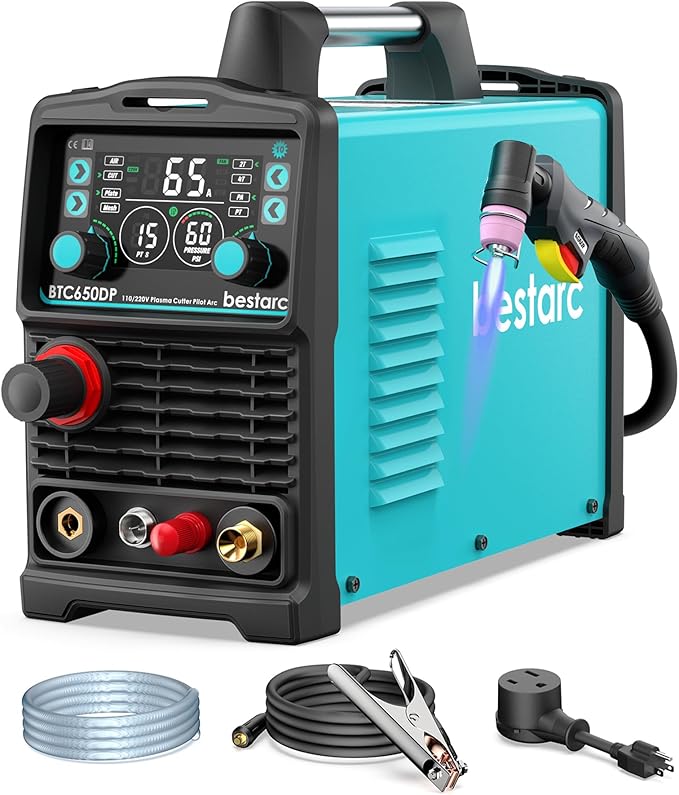 bestarc Plasma Cutter, [Pilot Arc] [Large LED Display] [Air Sensor] 65A bestarc Plasma Cutter Machine 110/220V Dual Voltage, 5/8 Inch Clean Cut 1 Inch Max Cut, Post Flow 2T/4T for Beginners DIY
