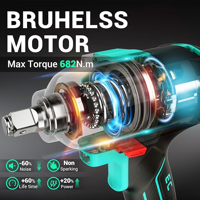 DCA 20V Brushless Impact Wrench Cordless, 682Nm Max Torque, 1/2" Hog Ring Impact Gun, 2 * 4000mAh Li-ion Battery, 4 Modes, LED Light, Compact Design, Smart Loosen Function