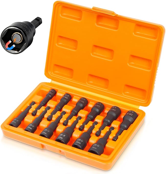 12-Piece Magnetic Nut Driver Set - Premium Impact Power Hex Nut Driver Drill Bit Master Kit, SAE & Metric, 1/4-Inch Quick-Change