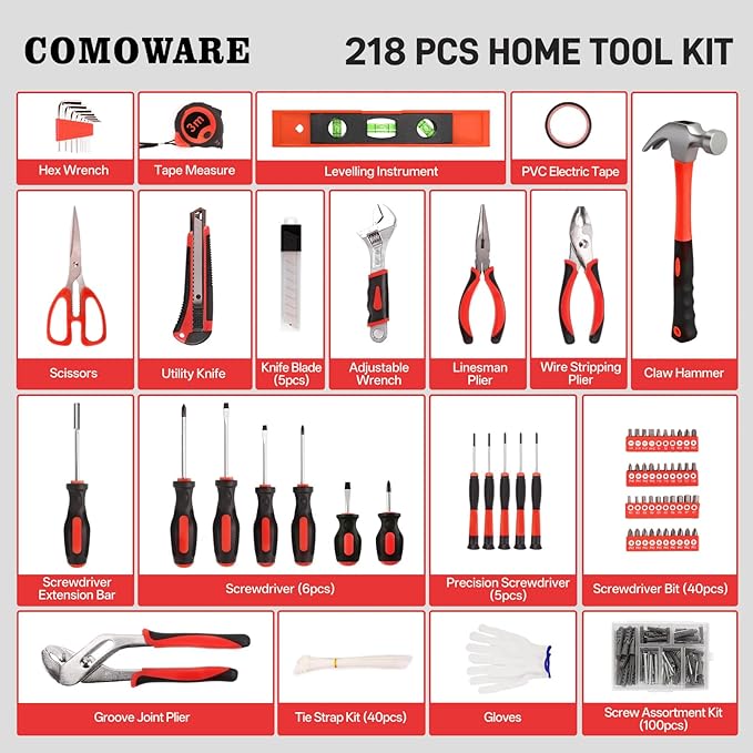 COMOWARE 218 Pcs Home Tool Kit - Basic Household Hand Tool Set, Truck Tool Kit Socket Wrench Combination Tool Set for Home with Plastic Toolbox Storage Case, Rv tool set竊똓ed
