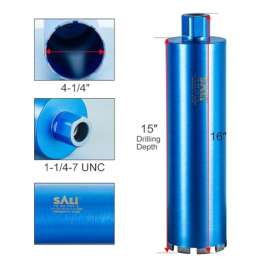SALI Wet Diamond Core Drill Bits 4-1/4"/108mm Diameter, 15"/380mm Drilling Depth Concrete Core Drill Bit, 1-1/4-7" Thread Core Bit Turbo Laser-Welded Segments with Rebar, Brick, Block, Masonry, Stone