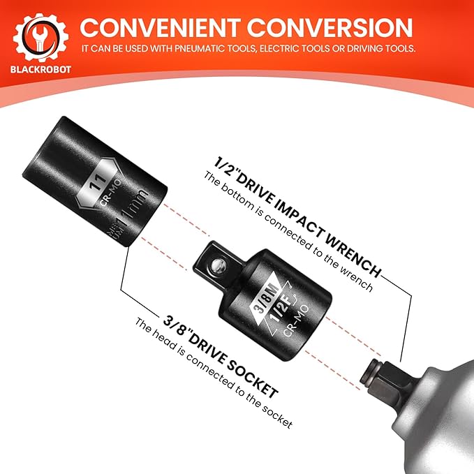 BLACKROBOT 2 Piece 1/2?쒯 To 3/8?쒶 Impact Socket Adapter Set,SAE Drive Cr-Mo Steel Exceeds ANSI Standards,Square Drive Reducer for Impact Driver Wrench