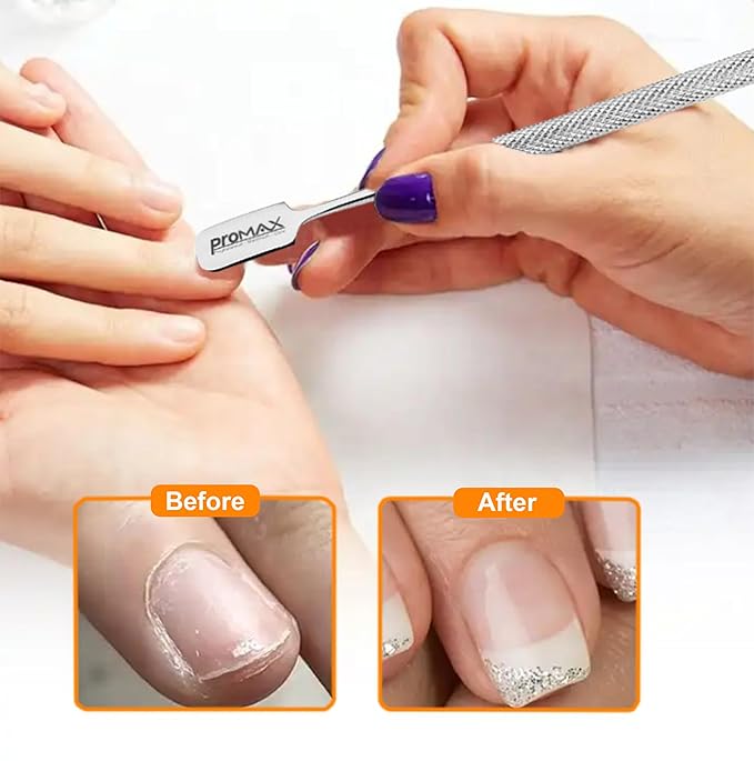 Promax care - Cuticle Pusher and Cutter - Professional Grade Stainless Steel Cuticle Remover and Cutter - Durable Manicure and Pedicure Tool - for Fingernails and Toenails - (Silver)