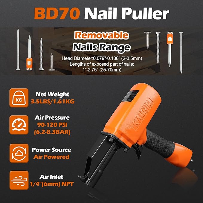 BD70 Pneumatic Nail Puller with Safety Lock, Air-Powered Denailer for Rusty Nails, Pallets & Recycled Wood