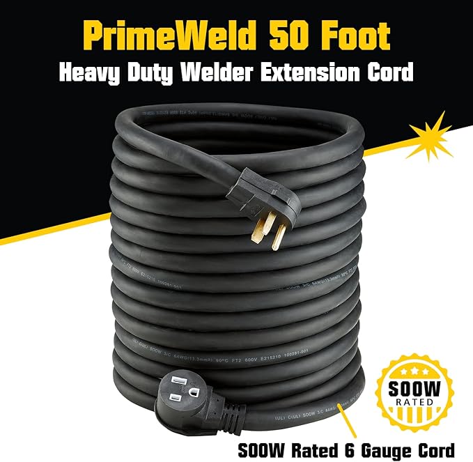 PrimeWeld Welder Extension Cord, SOOW Rated, 50 amp, 250v NEMA 6-50 Heavy Duty Welding Cable, 6 Gauge, (50ft)