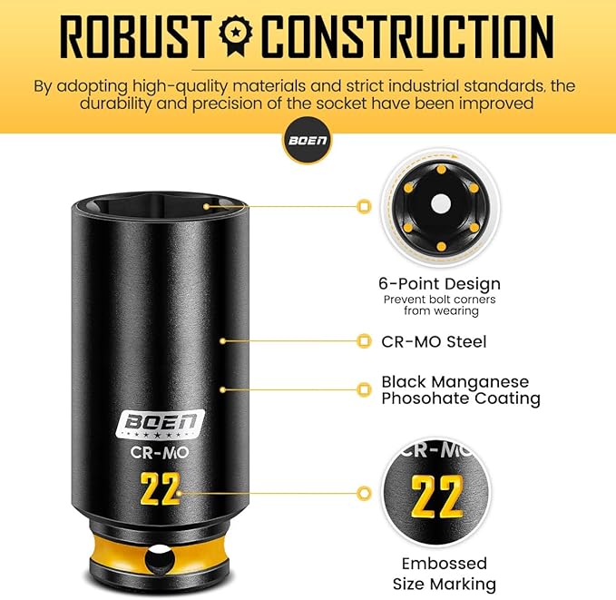 boen 3/8'' Drive Impact Socket Set, 50PCS Standard SAE (5/16 to 3/4 inch) and Metric (8mm-22mm), Deep & Shallow Size, 6-Point with Yellow Embossed Marking, CR-MO