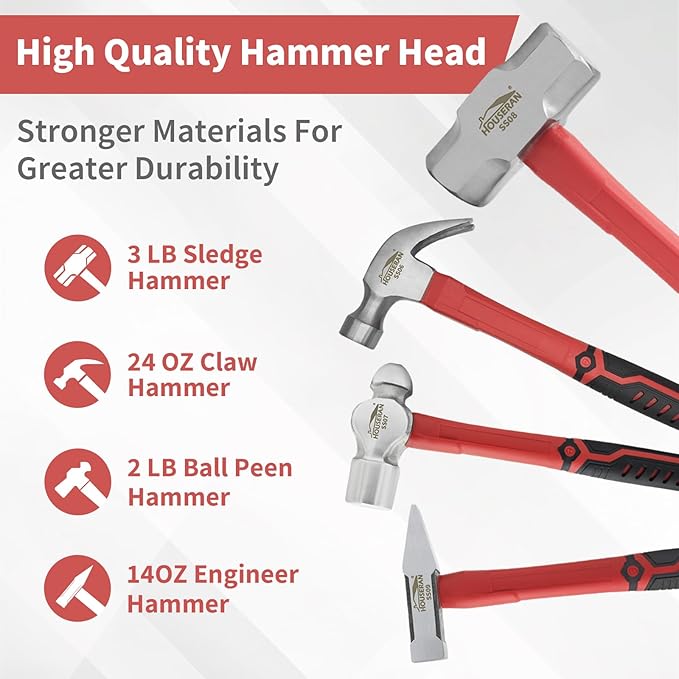7-Pieces Hammer Set, 24 oz Claw Hammer, 12oz Claw Hammer, 13oz Ball Peen Hammer, 2 Lb Ball Peen Hammer, 3 Lb Sledge Hammer, Engineer Hammer, 10oz Rubber Mallet
