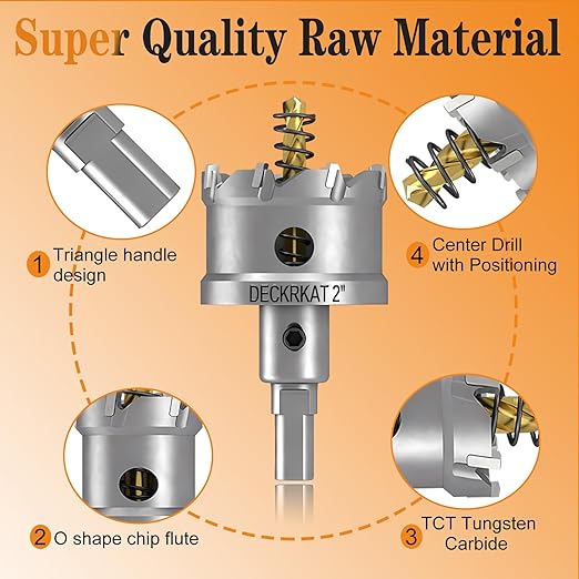 DECKRKAT 2-1/4" TCT Hole Saws for Hard Metal, Heavy Duty 57mm Tungsten Carbide Tipped Hole Cutters Set with Spring-Loaded Pilot Drill Bits for Stainless Steel, Metal, Iron, and Plastic.
