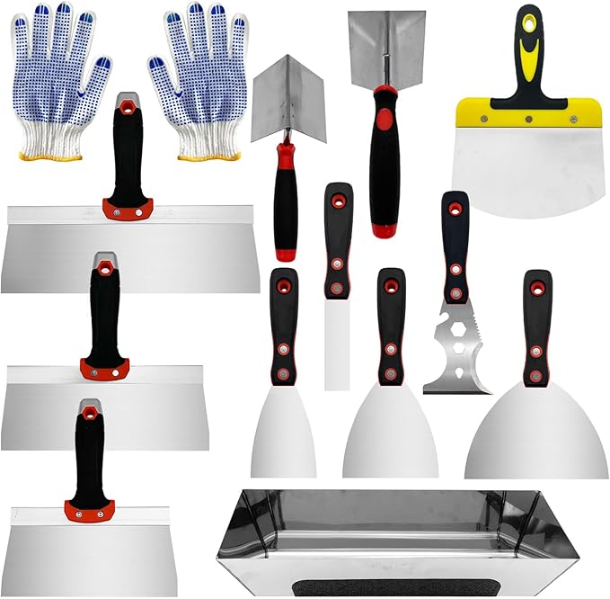 13 Pcs Drywall Knife Set, Putty Knives Kit with Mud Pan, 1????????Spackle Knife, 7????0??2??Taping Knife, 3??Painter Scraper, Inside & Outside Corner Trowel Hand Tools