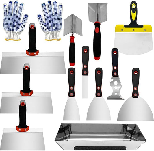 13 Pcs Drywall Knife Set, Putty Knives Kit with Mud Pan, 1????????Spackle Knife, 7????0??2??Taping Knife, 3??Painter Scraper, Inside & Outside Corner Trowel Hand Tools