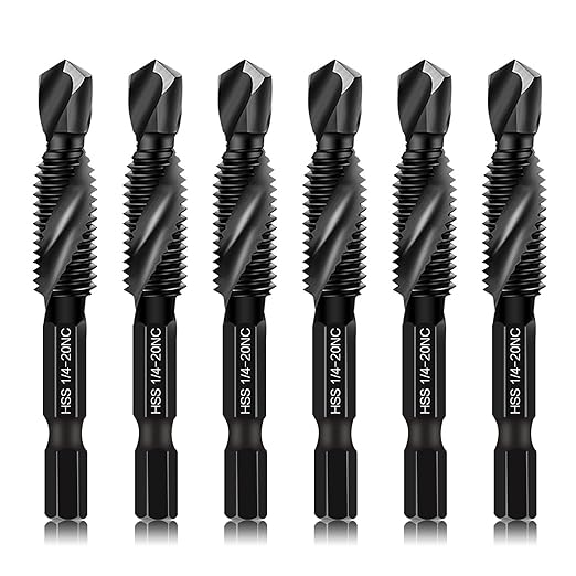 6-Piece 1/4-20NC Combination Drill Tap Bit Set SAE, Made of High-Speed Steel with Anti-Rust Blackened Coating, Ideal for Soft Metal, Wood & Plastic, 1/4??UNC-20 Thread Size, 1/4??Hex Shank