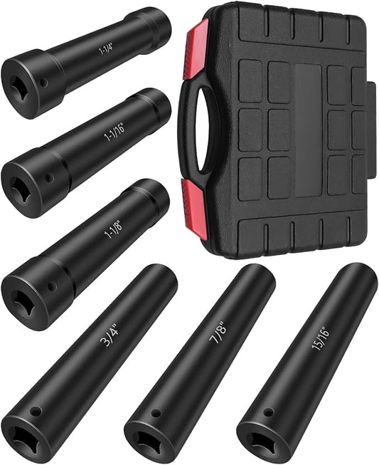 1/2 Inch Drive Extended Length Impact Socket, Extended Deep Sockets Hex Sizes 3/4in 7/8in 15/16in 1-1/16in 1-1/8in 1-1/4in Impact Set Heavy Duty with Case, 6PCS