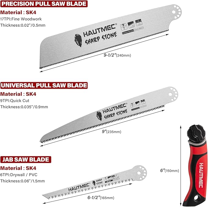 HAUTMEC 3-In-1 Japanese Pull Saw and Jab Saw Set, Quick Tool-Free Blade Replacement, 4-Angle Cutting, Pro SK4 Handsaw with 17TPI & 9TPI Pullsaw, 6TPI Drywallsaw – HTHDM25050