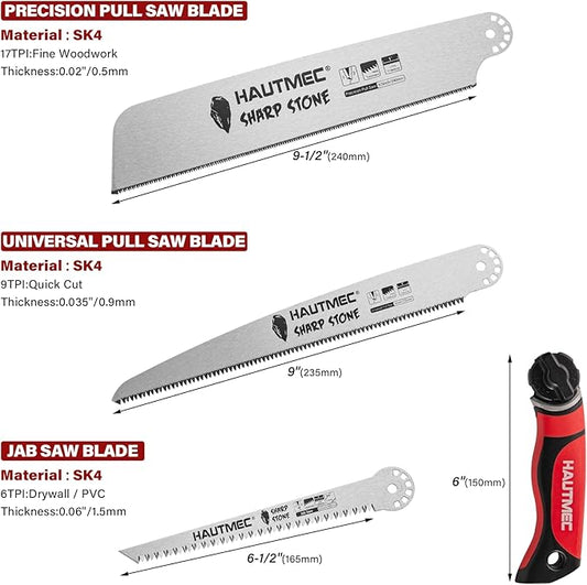 HAUTMEC 3-In-1 Japanese Pull Saw and Jab Saw Set, Quick Tool-Free Blade Replacement, 4-Angle Cutting, Pro SK4 Handsaw with 17TPI & 9TPI Pullsaw, 6TPI Drywallsaw – HTHDM25050