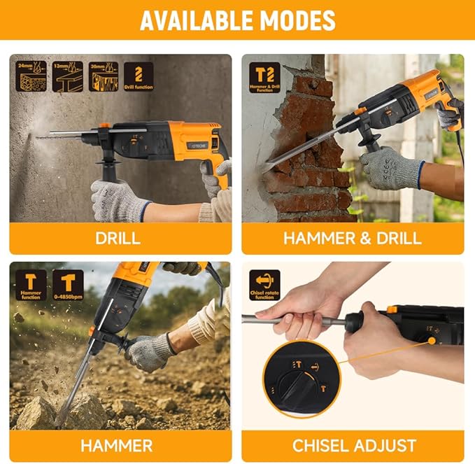 Hoteche 5.17 Amp SDS-Plus Rotary Hammer Drill, 4-Function 24mm (15/16") ??2.6J Impact Energy, 0??850 BPM, Variable Speed ??6 Drill Bits, 2 Chisels, UL Plug, Carrying Case ??For Concrete, Wood, Steel