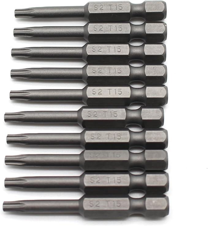 TEMO 10 pc T15 Torx Star Head Screwdriver Bit Set, S2 Steel 6 Point T-15 Reduced Round Shaft Screwdriver Insert Bits Hex Shank