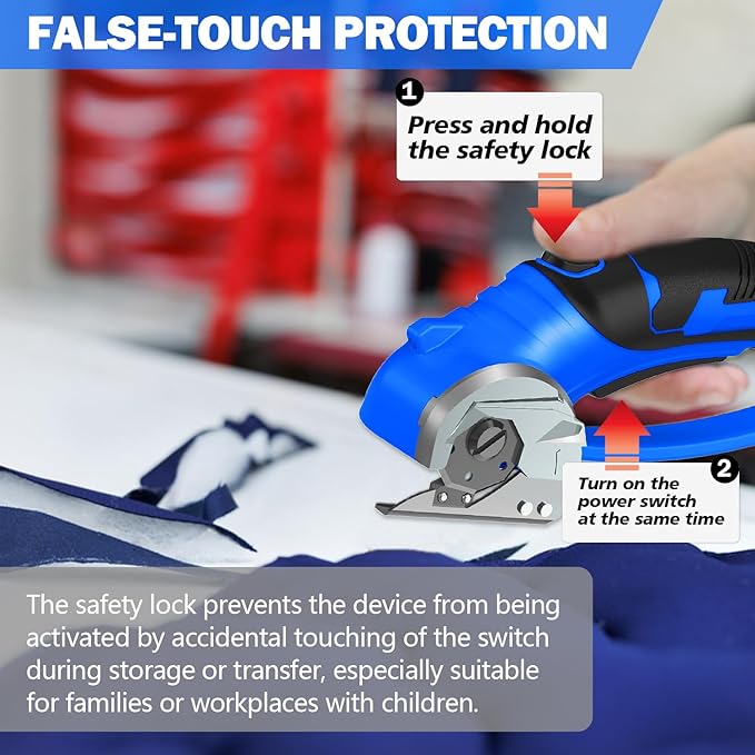 Cordless Electric Scissors, 4V Box Cutter & Cardboard Cutter with Upgrade Blade, LED Light, Safety Lock - Rechargeable Rotary Cutter for Fabric, Leather, Plastic, Sewing, Industrial (Royal Blue)