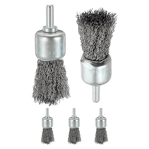Wire Brush for Drill (1"/25mm) 5Pack, Crimping Steel Wire 0.012" (Carbon Steel) Wire Brush Drill Attachment with 1/4" Round Shank - for Rust, Cleaning, Deburring on Cast Iron