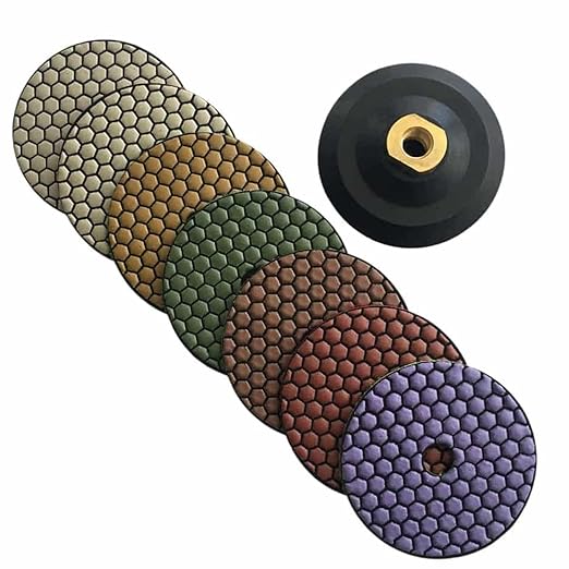 4" Dry Stone Polishing Pads Set with Rubber Backing Pad (50, 100, 200, 400, 800, 1500, 3000 Grit) - for Granite, Marble, Concrete Countertops