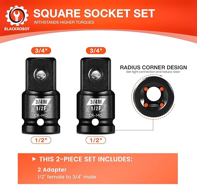 BLACKROBOT 2 Pieces 1/2??F To 3/4??M Impact Socket Adapter Set, SAE Drive Cr-Mo Steel Exceeds ANSI Standards, Square Drive Socket Reducer for Impact Driver Wrench