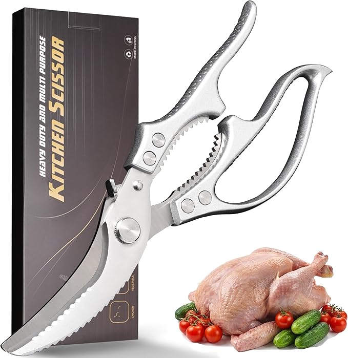 Heavy Duty Kitchen Scissors - All Purpose Poultry Shears with Anti-Slip Handle & Safety Lock, Stainless Steel Food Scissors for Chicken, Meat, Bones, Vegetables.Dishwasher Safe & Spring Loaded