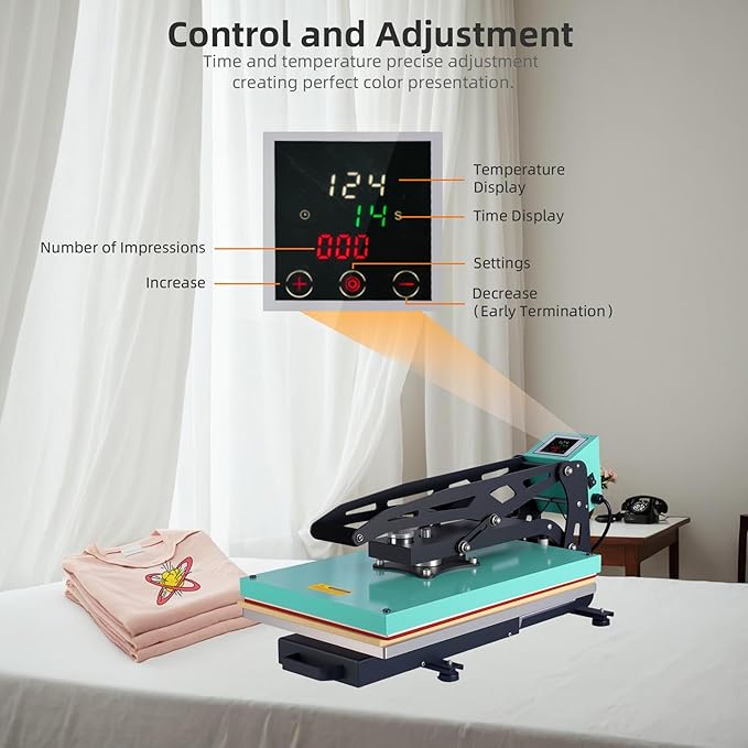 16x24 Heat Press Machine, Semi-Auto, Infrared Positioning, for T Shirts, Garments, Bags, Textiles, Curtains, Mousepads, Perfect for POD & Home DIY & Small Business Customization, Green