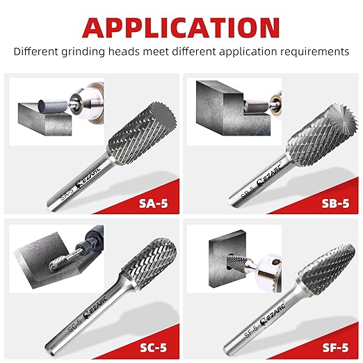 EZARC 5PCS Tungsten Carbide Rotary Burr Set, SC-5 Double Cut Carbide Burr 1/4" Shank Die Grinder Bits for Metal Working & Sturdy Storage Case