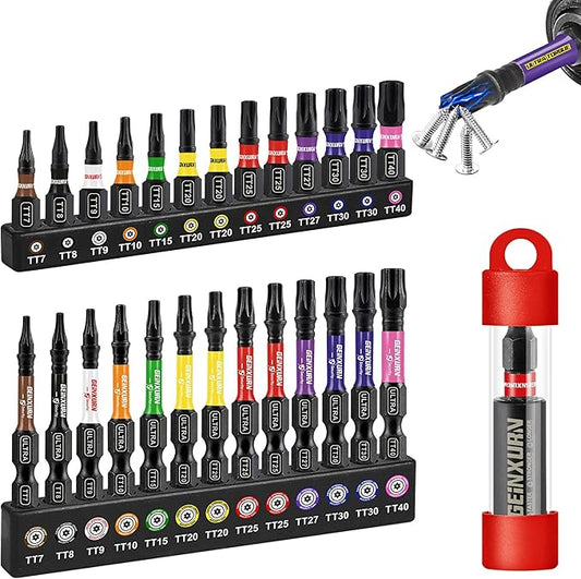 Impact Security Torx Screwdriver Bits Set,26Pcs 1??2?쒶agnetic竊늇T7-TT40竊뎂2 Steel Multi Star Driver Bits and 1Pc Bit Holder with Color Coded Base