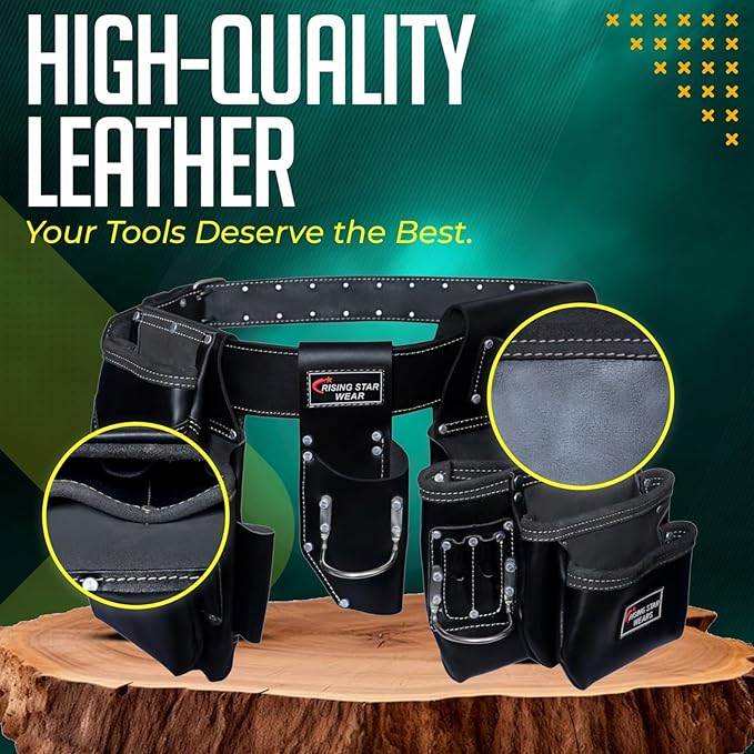 Rising Star 18-Pocket Heavy Duty Leather Tool Belt – Oil-Tanned Utility Tool Pouch with Hammer Holder, Adjustable Waist Tool Bag for Carpenters, Electricians, Construction Workers