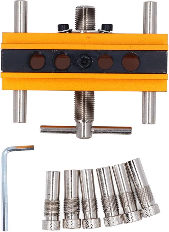 Self Centering Doweling Jig Kit Metric Adjustable Width Dowel Jig Kit for Straight Holes, Biscuit Joiner Set, 6 Bushings Power Tool Accessory Jigs for Straight Holes (Gold)