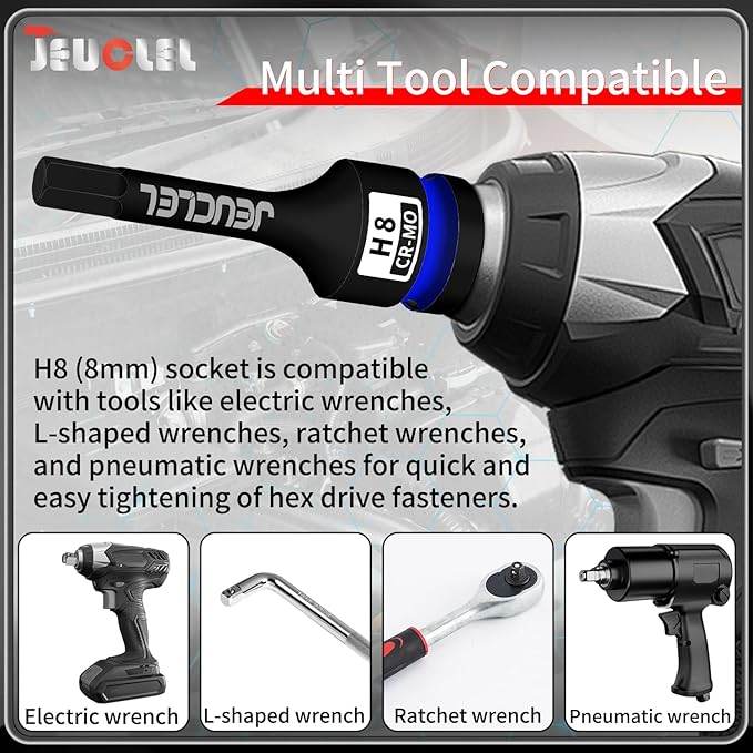 8mm Hex Impact Bit Socket, H8 1/2-Inch Impact Drive Allen Socket, Cr-Mo Steel Lengthen Hex Screwdriver Adapter for Electric Ratchet Wrenches Fastening Screws