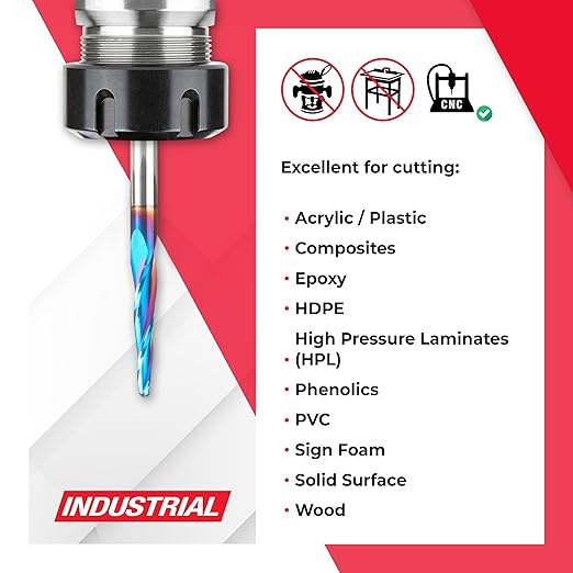 Amana Tool 46286-K-M CNC Spektra Extreme Tool Life Coated SC 2D and 3D Carving 3.6 Deg Tapered Angle Ball Nose x 3mm D x 1.5mm R x 26mm CH x 6mm SHK x 75mm Long x 3 Flute Router Bit