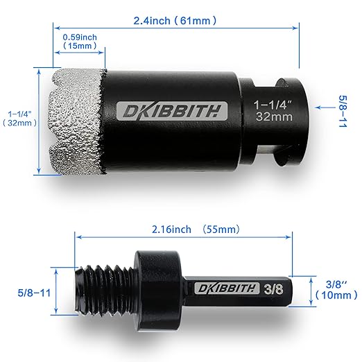Dry Diamond Core Drill Bits 1-1/4 Inch (32mm) Tile Hole Saws for Porcelain Ceramic Tile Granite Marble Stone Brick Diamond Hole Saw with 5/8-11 Thread and 3/8inch Hex Shank Adapter