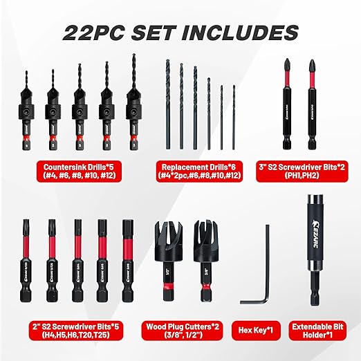 EZARC Countersink Drill Bit Set, 22 PCS Counter Sink Drill Bit with 2 Wood Plug Cutters, Magnetic Extension Bit Holder, Screwdriver Bits, 1/4" Hex Shank for Woodworking with Storage Box