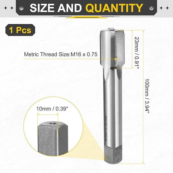 uxcell Hand Plug Tap M16 x 0.75 H2 Metric Thread Plug Style Taps Straight Flute Screw Tapping Threading Tool High Speed Steel HSS6542