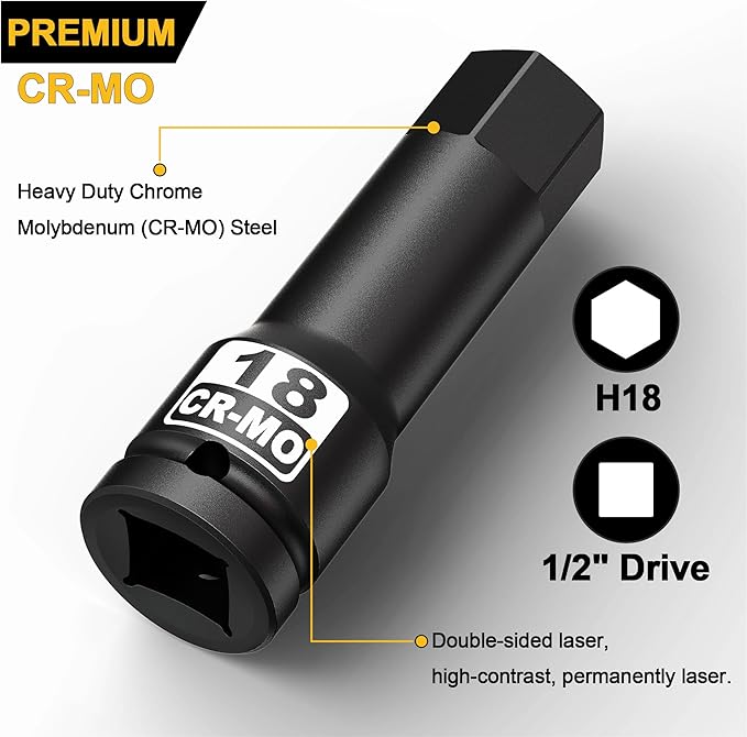 1/2" Drive 18 mm Hex Impact Bit Socket, H18 Allen Bit Socket, Metric, Cr-Mo Steel, Automotive Repair Industrial Maintenance and DIY Enthusiasts Alike