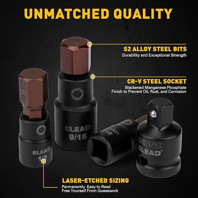 16-Piece SAE Hex Bit Impact Socket Set - Premium S2 Steel 5/64"-9/16" Allen Socket Set with Socket Adapters, 1/4?? 3/8??and 1/2??Drive | Professional Mechanic Garage Tools
