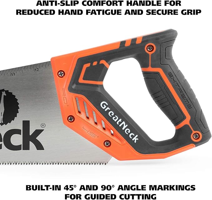 15 Inch Handsaw, Aggressive Tooth Hand Saw for Wood Cutting, Alloy Steel 9 TPI Blade, Anti-Slip Composite Handle, Ruler on Blade for Accurate Cuts, GreatNeck 74001 Hand Saw