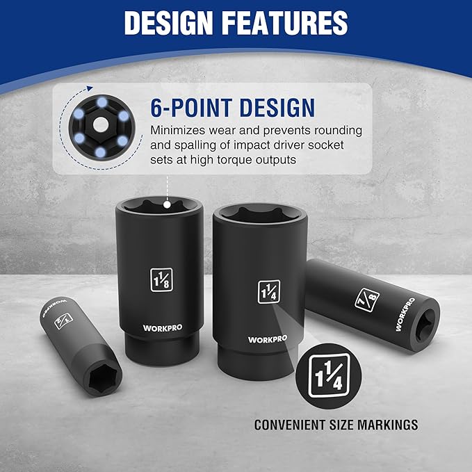WORKPRO 20-Piece 1/2竊?Drive Deep Impact Socket Set, 6-Point, Cr-V Steel, 10-27mm, Universal Joint, Adapter and Extension Bar, SAE