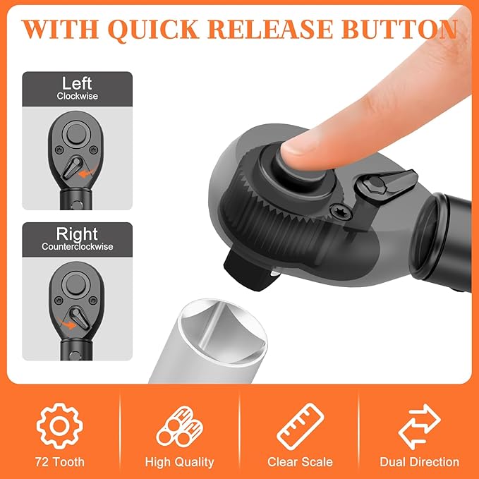3/8-Inch Drive Click Torque Wrench, 10-100 Ft.Lb, 72-Tooth Dual-Direction Adjustable Torque Wrench, 짹3% High Precision for Bicycle, Motorcycle, Car Maintenance