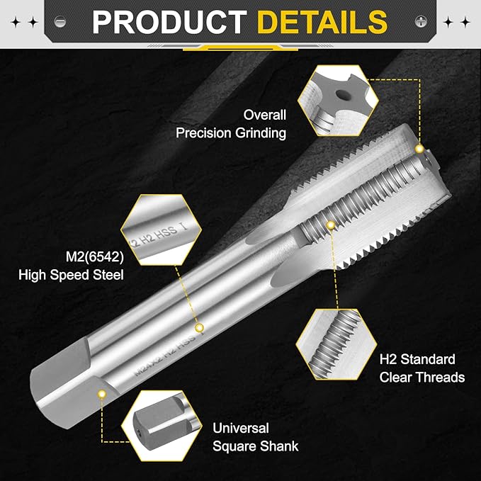 uxcell Hand Taper Tap M24 x 2 Metric Thread Taper Style Taps Straight Flute Screw Tapping Threading Tool High Speed Steel HSS6542