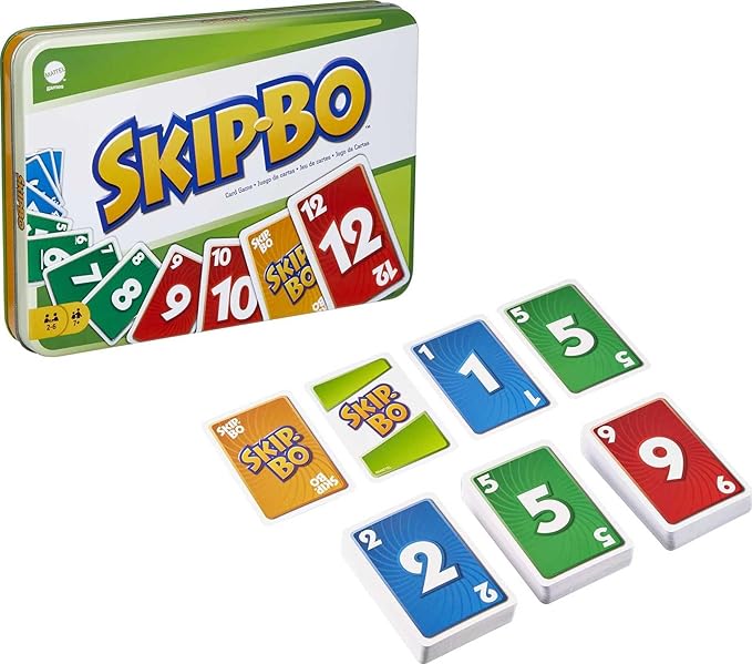 Mattel Games Skip-Bo Card Game in Storage & Travel Tin for Kids, Adults & Families, Color Blind Accessible Deck for 2 to 6 Players