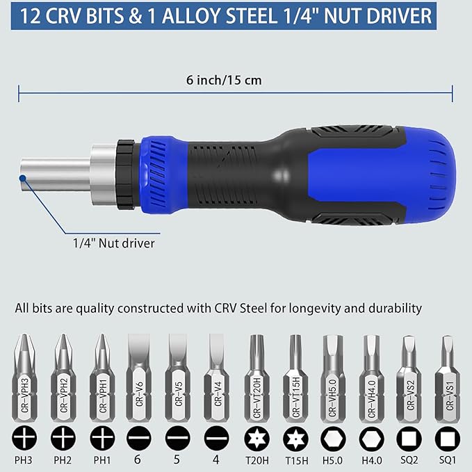 Ratcheting Screwdriver Bit Set, WOOPHEN 13-in-1 Multi Bit Ratchet Screw with Magnetic 1/4 Nut Driver Screwdriver, Suitable for Garage, Home, Workplace and DIY Repair (Blue)