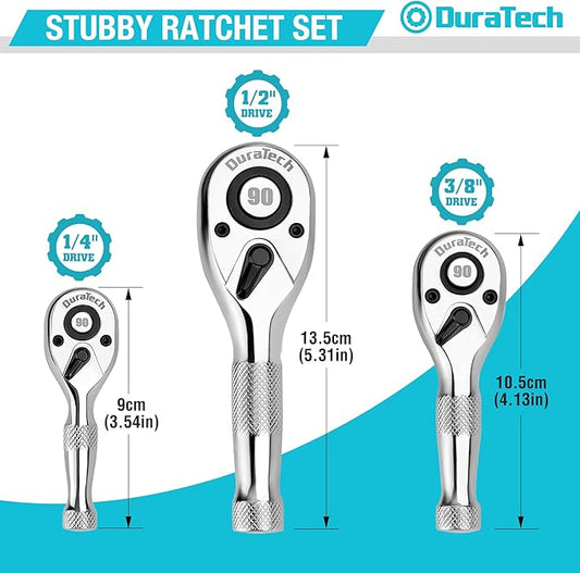 DURATECH 3PCS Stubby Ratchet Wrench Set, 90-Tooth 1/4" 3/8" 1/2" Drive Socket Wrench, Mini Small Ratchet with CR-MO Head, Quick-Release & Reversible Design, Full Polished, EVA Organizer