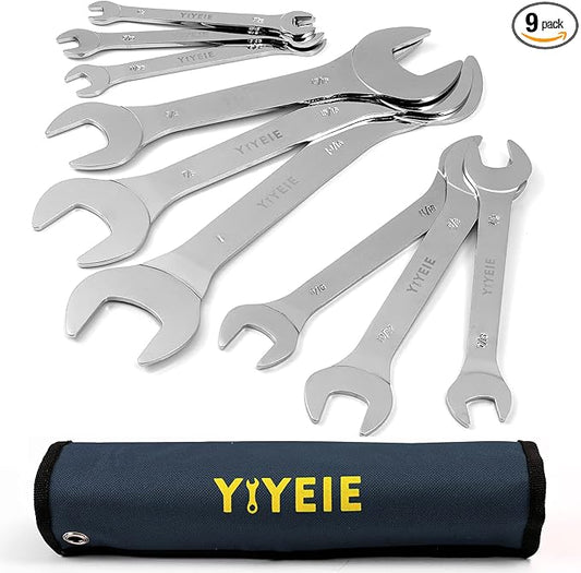 YIYEIE Super-Thin Open End Wrench Set, 9-Piece SAE, 1/4" to 1-1/16", Chrome Vanadium Steel With Mirror Polish, Ultra-Slim Wrench Set with Rolling Pouch