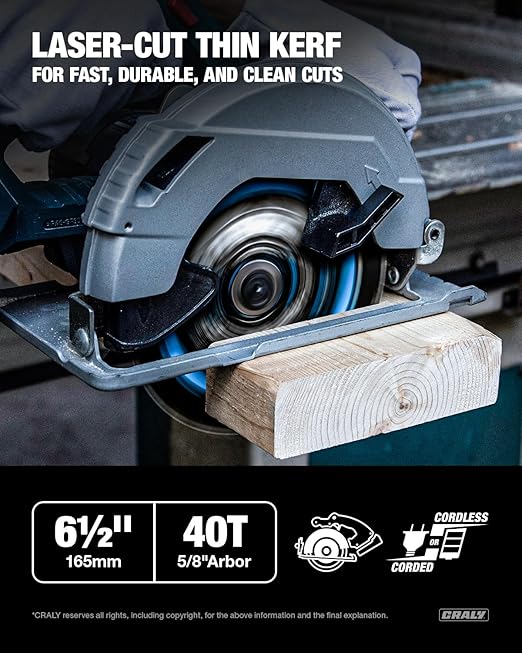 CRALY 6-1/2 Inch 40 Teeth Fine Finish Wood Cutting Circular Saw Blade, 5/8 Inch Arbor, Carbide Tipped, Thin Kerf, Black Ice™ Coating, for Plywood, MDF, OSB, Laminated, 2-Pack(C0640FF-2)