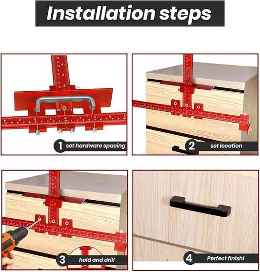 New Cabinet Hardware Jig Tool Set - Aluminum Alloy Cabinet Handle Jig ??with Automatic Center Punch,Adjustable Drill Guide Cabinet Handle Template Tool of Door Drawer Front Handles and Pulls - Red