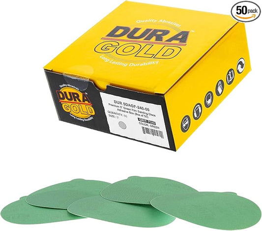 Dura-Gold Premium 5" Green Film PSA Sanding Discs - 240 Grit (Box of 50) - Film Back Self Adhesive Stickyback Sandpaper Discs for DA Sanders, Fast Cut Abrasive - Sand Automotive Paint Woodworking Wood